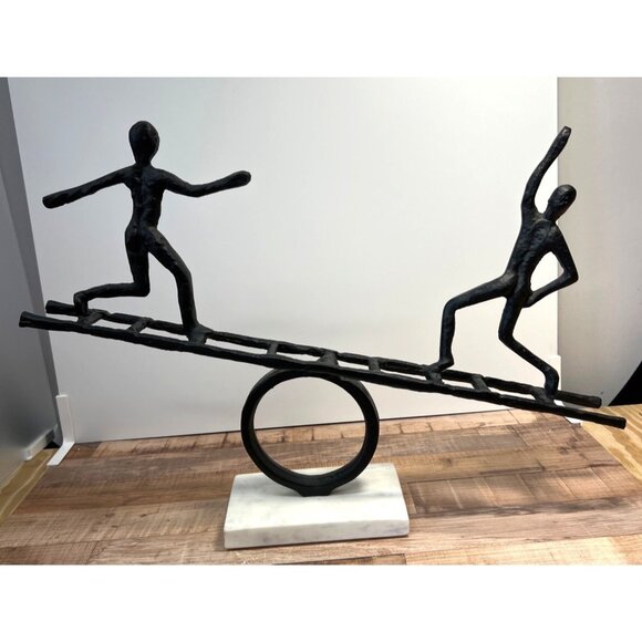 Abstract Steal Sculpture Of Two Figures On Ladder With Marble Base - Picture 1 of 6